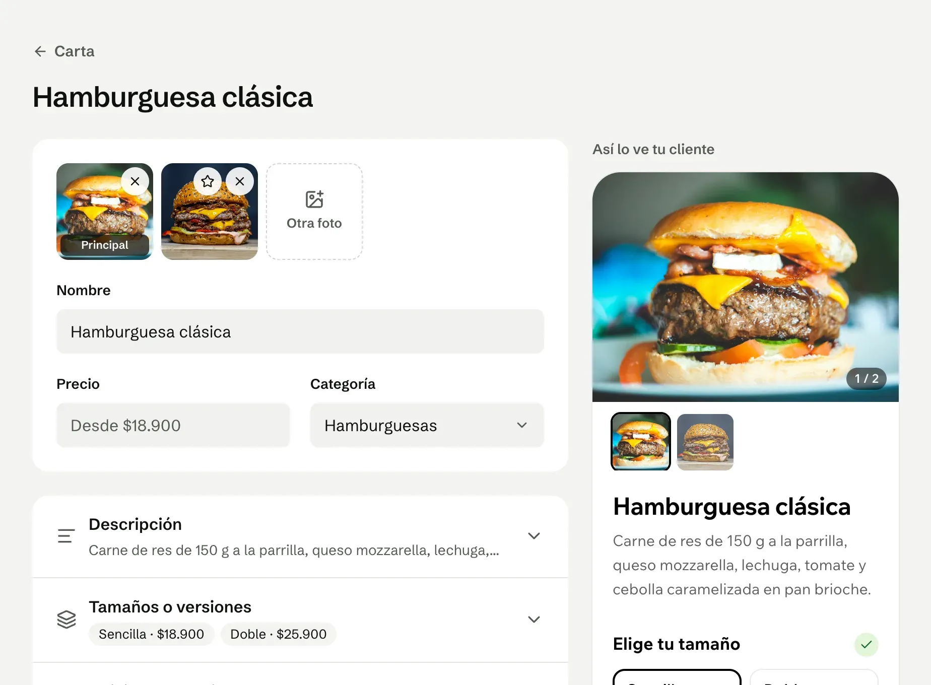El editor de un producto de la carta con sus fotos, precio y tamaños, y a la derecha cómo lo ve el cliente