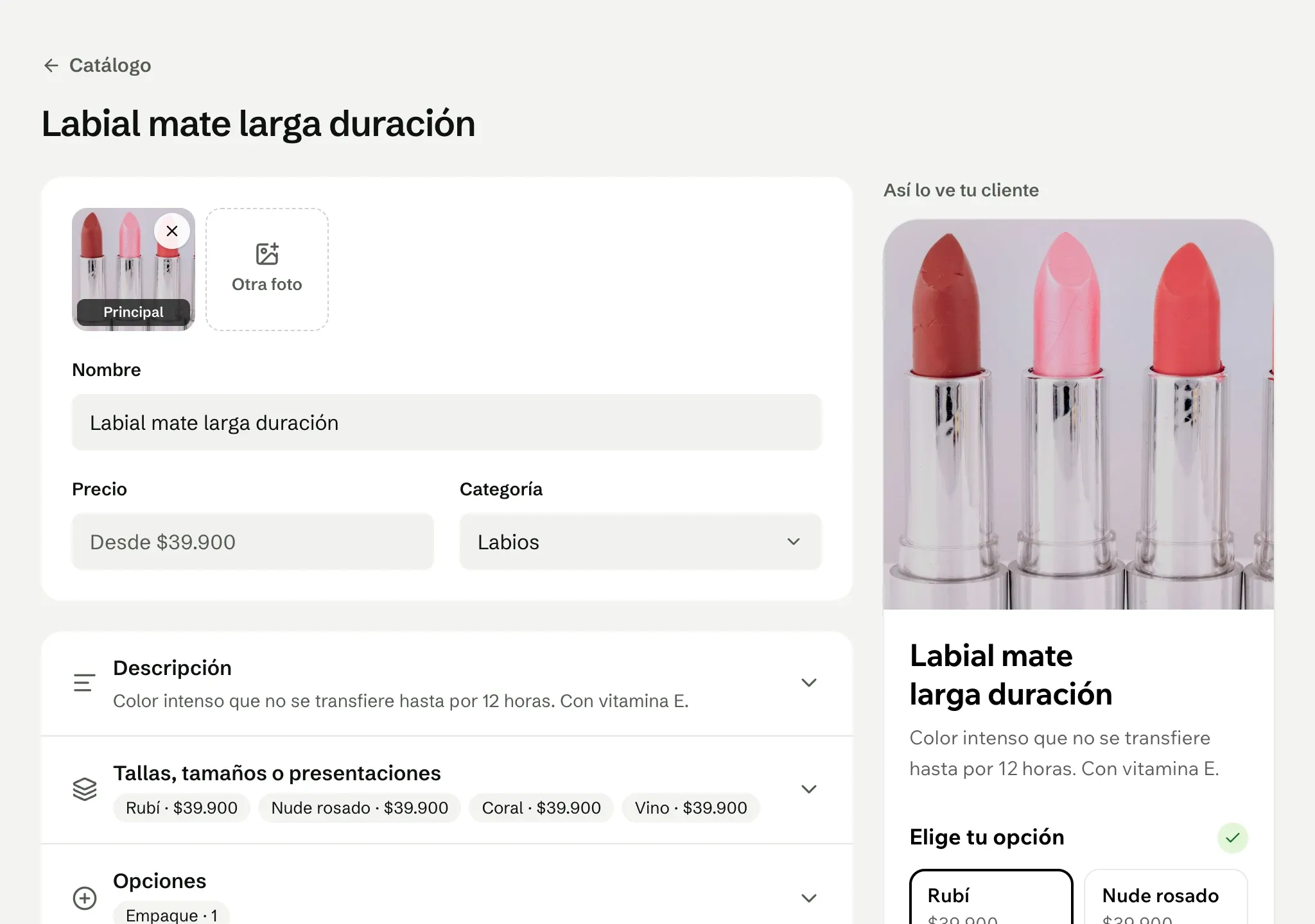 El editor de un labial con sus tonos y su precio, y a la derecha cómo lo ve el cliente