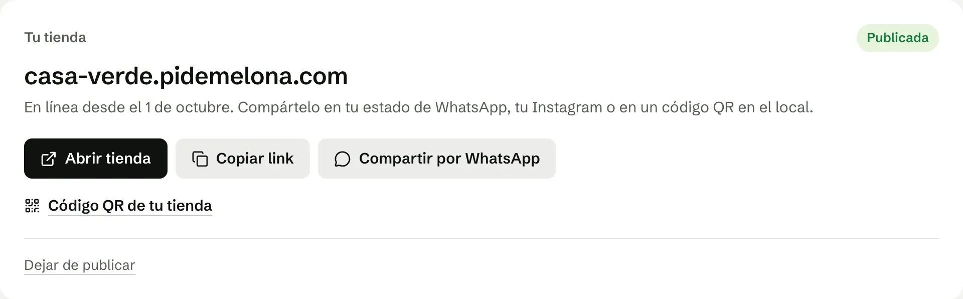 La tarjeta de la tienda publicada en el panel, con los botones para abrirla, copiar el link y compartirla por WhatsApp