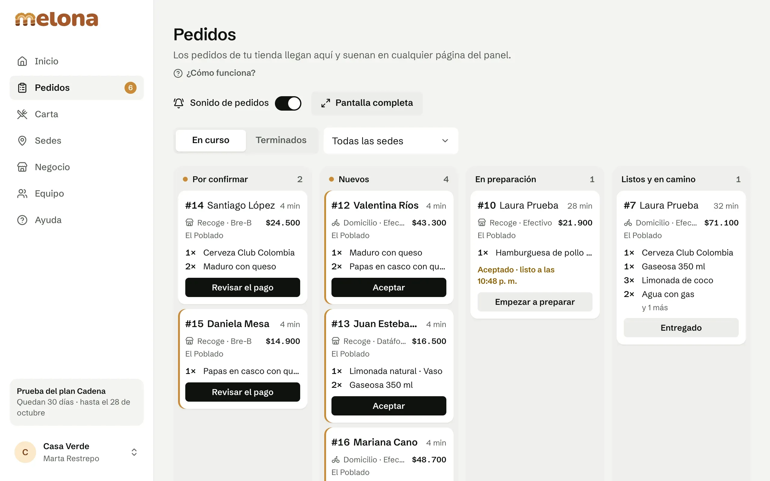 El tablero de pedidos con las columnas Por confirmar, Nuevos, En preparación y Listos y en camino