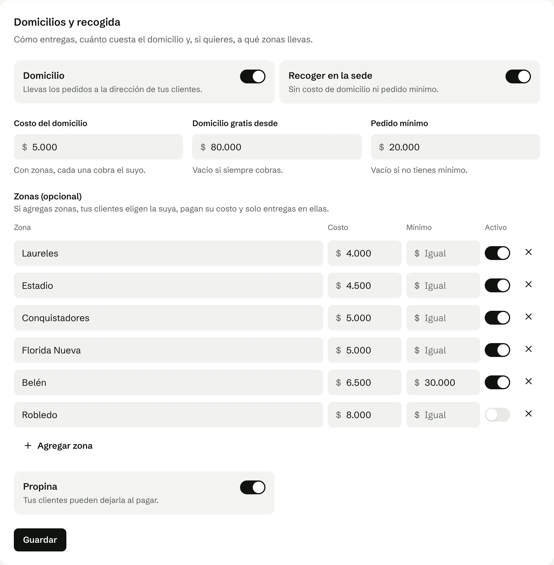 La configuración de domicilios de una sede: costo, domicilio gratis desde un monto, pedido mínimo, zonas por barrio y propina